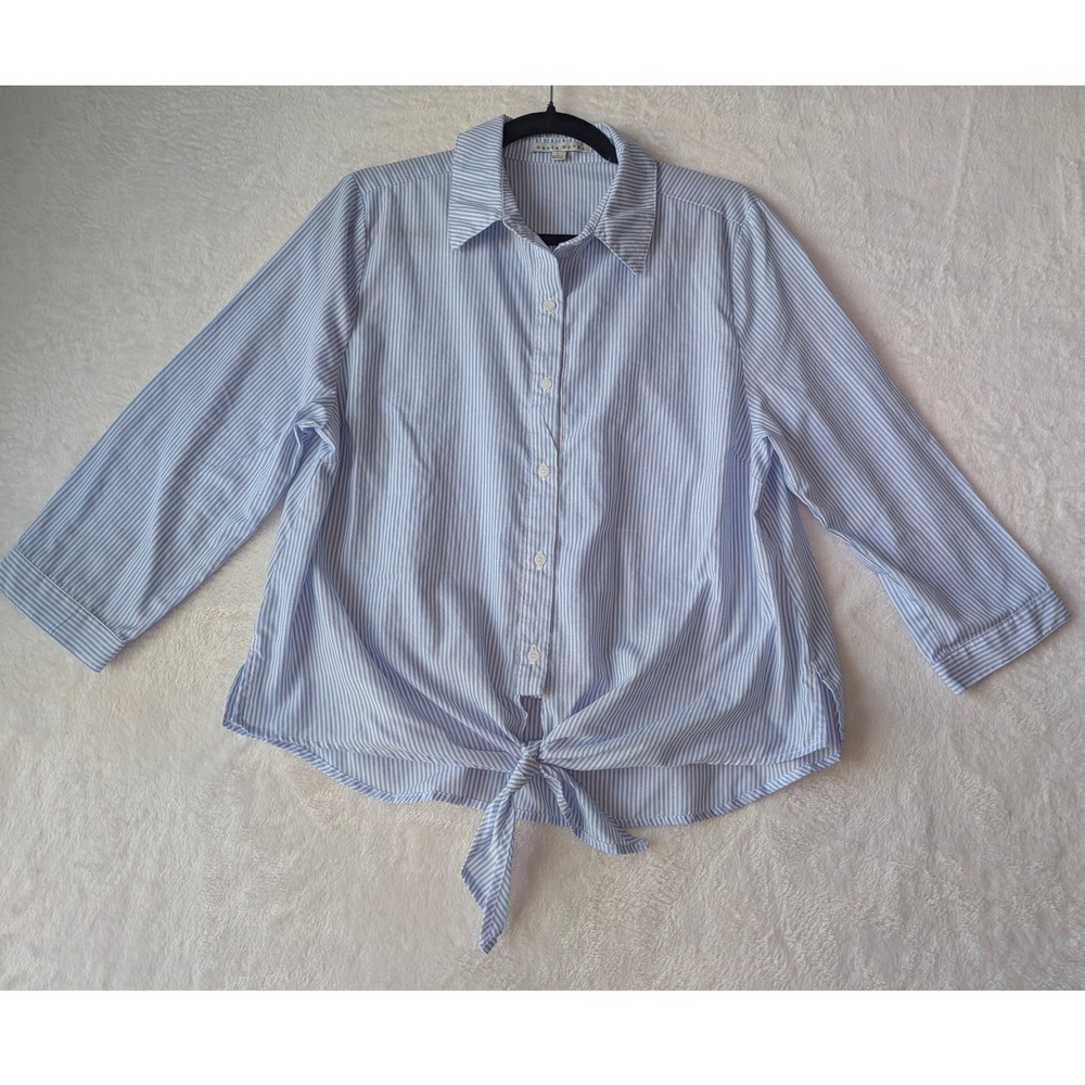 Haute Monde Button Up Women Large Blue Striped Tie Front 3/4 Sleeve‎ Coastal
